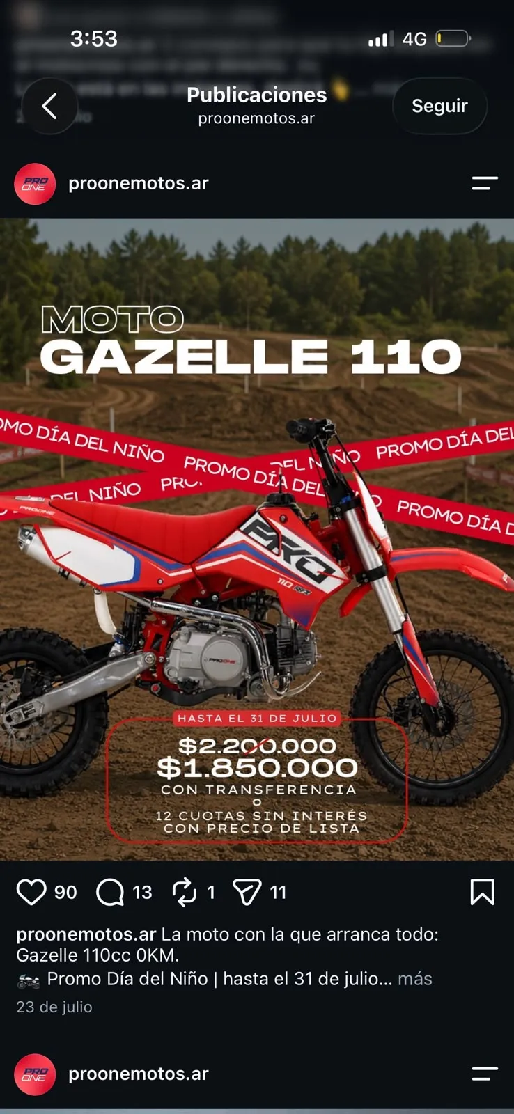 Publicación de PRO ONE: Moto Gazelle 110: promo Día del Niño