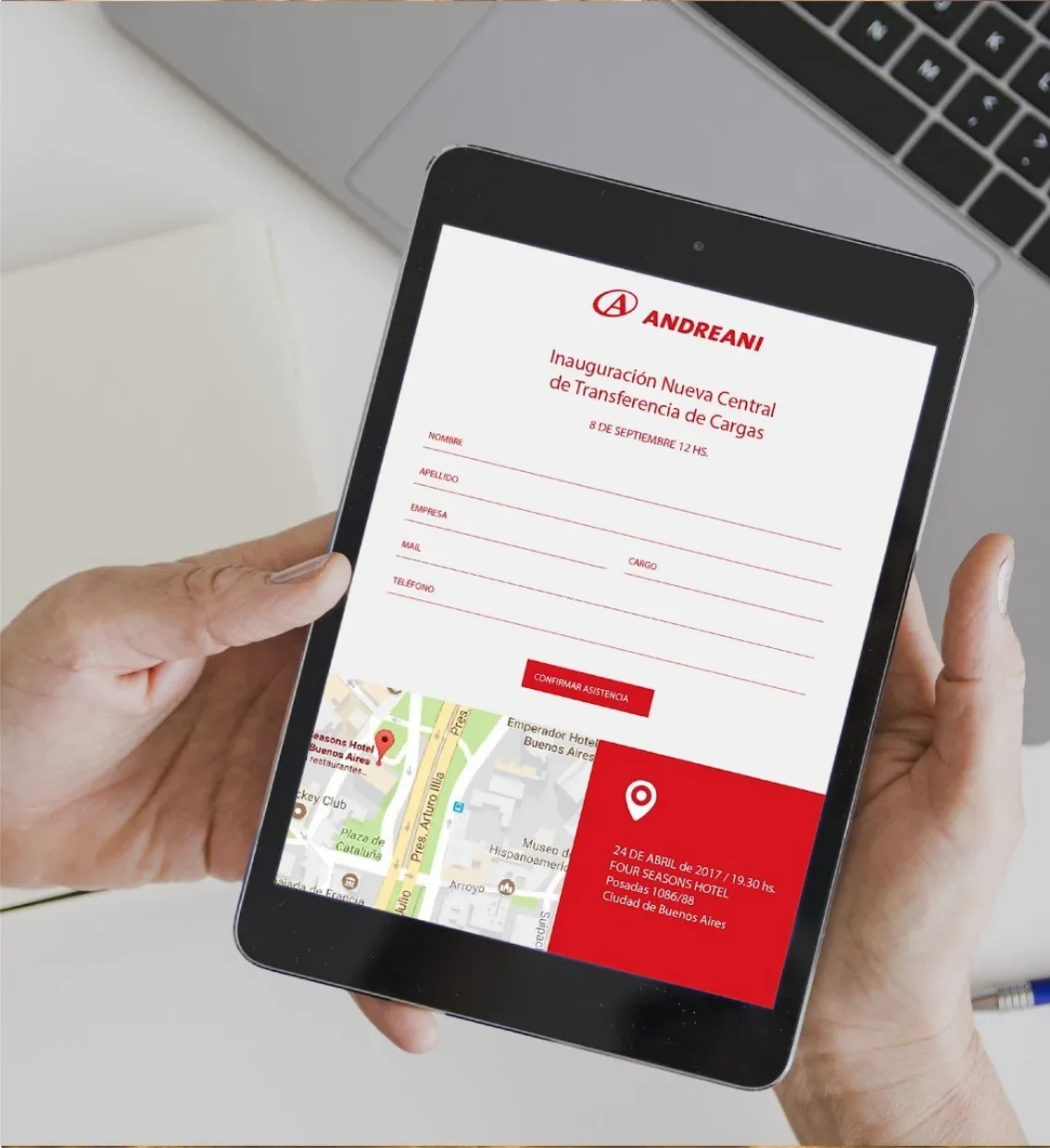 Landing de registro para la inauguración de la nueva central de Andreani en una tablet