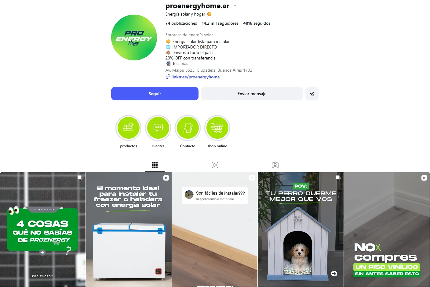 Captura del perfil de Instagram de PRO ENERGY Home